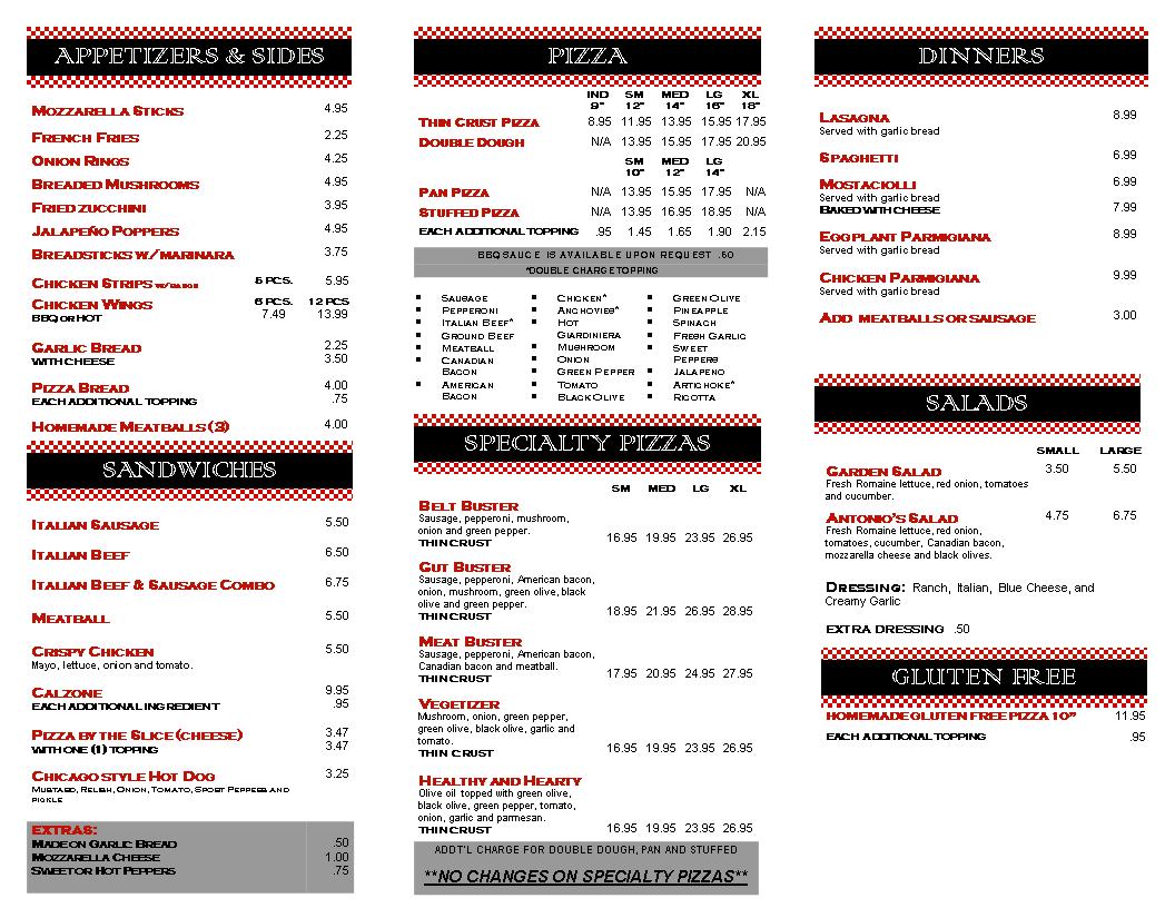 Antonio’s Pizza Factory Illinois Homemade Italian cuisine Menu
